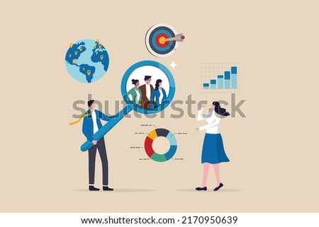 Customer research for marketing, study user behavior or analyze target group for advertising and marketing concept, businessman looking at big magnifier with customer group to see data analysis.