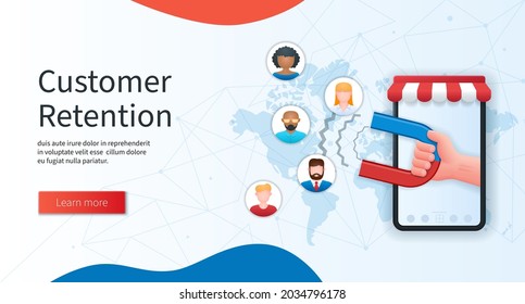 Customer retention banner. Mobile phone with a hand with a magnet attracts buyers on screen. Users icons. Business concept. Web vector landing page template in 3D style