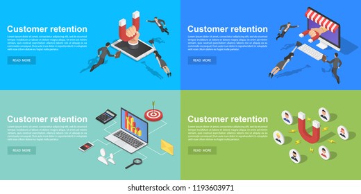 Customer retention banner set. Isometric set of customer retention vector banner for web design