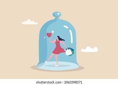 Customer Retention And Brand Loyalty, Satisfied Customer Return Or Come Back Or Repeat Buying Product, Marketing Strategy Concept, Happy Woman Customer Holding Lovely Heart Shape Cover With Glass Dome