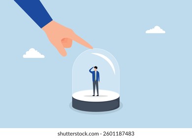 customer retention, businessman hold glass to retain small employee inside.