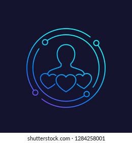 customer retention, client satisfaction icon with hearts, linear