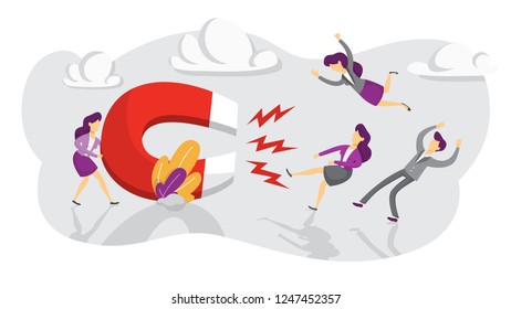 Customer retention concept. Attract the audience as marketing strategy. Traffic increase. Magnet as a metaphor. Isolated vector flat illustration