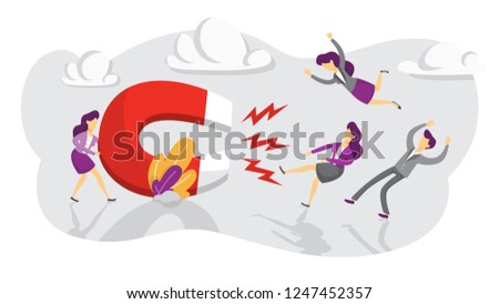 Customer retention concept. Attract the audience as marketing strategy. Traffic increase. Magnet as a metaphor. Isolated vector flat illustration