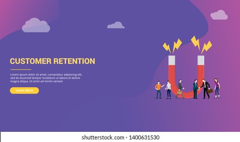 concepto de retención de clientes con palabras grandes y personas en equipo para la página de diseño del sitio web o el banner de la página de inicio de aterrizaje - vector