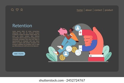 Customer retention concept. Depicts saving strategy, client satisfaction, and loyalty programs as key to sustaining market presence. Essential for niche marketing. Flat vector illustration. svg