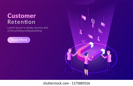 Customer Retention concept, magnet attract potential buyers, shopper advertise their product with multiple ways on purple background.