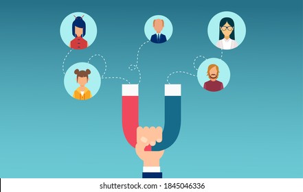 Customer retention concept. Vector of a businessman hand with magnet attracting customers 