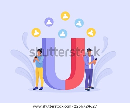 Customer retention. Customers attraction strategy. Magnet attracting new leads, generating income with inbound marketing technology. Business person pulling clients with smm campaign in social media