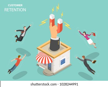 Customer retention flat isometric vector concept. Hand with magnet has appeared from the store building attracting people from everywhere.