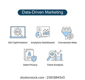 Customer Retention and Growth Vector Icons. Includes: Customer Journey, Retargeting Campaigns, Webinar Promotion, Video Marketing, Social Media Engagement