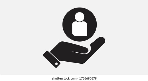 Customer retention icon, vector illustration. User care service. Filled vector icon. Customer with hand icon
