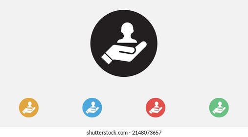 Icono de retención del cliente, ilustración vectorial. Servicio de atención al cliente. Icono de vector relleno. Cliente con icono de mano. Conjunto de coloridos iconos de diseño plano