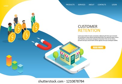 Customer retention landing page website template. Vector isometric illustration of red magnet attracting people with dollar coins to visit store. Target market concept.