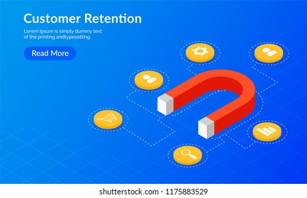 Customer Retention Or Loyalty Based Isometric Design Of Magnet And Multiple Web Services On Blue Background.