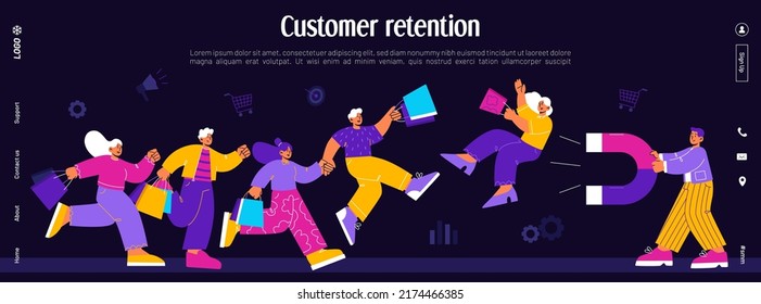 Customer retention, loyalty client attract banner. Vector landing page of business marketing strategy with flat illustration of man with magnet and people with shopping bags