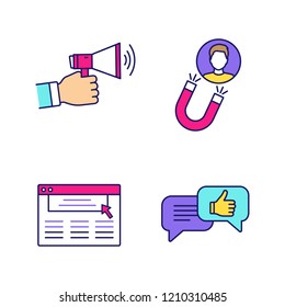 Customer retention and loyalty color icons set. Advertising campaign, customer attraction, internet marketing, support chat. Isolated vector illustrations