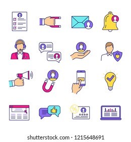 Customer retention and loyalty color icons set. Clients care service. Customers attraction. Increasing involvement, participation and membership. Marketing strategies. Isolated vector illustrations