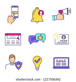 Customer retention and loyalty color icons set. Pay per click, client notification, advertising, website, feedback, loyalty, web traffic, approved idea, user protection. Isolated vector illustrations