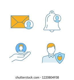 Customer retention and loyalty color icons set. Email targeting, customer notification, clients care service, user protection. Isolated vector illustrations