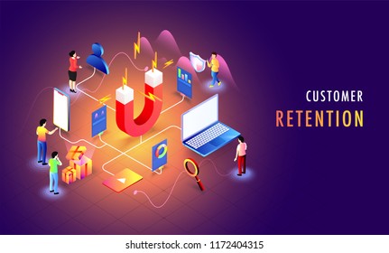 Customer Retention or loyalty, isometric concept, magnet as service provider, attract the buyers through providing web services for business or marketing idea.