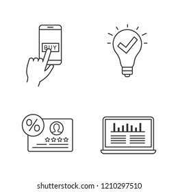 Customer retention and loyalty linear icons set. Online payment, approved idea, reviews and feedback, web traffic analytics. Thin line contour symbols. Isolated vector illustrations. Editable stroke