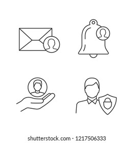 Customer Retention And Loyalty Linear Icons Set. Email Targeting, Customer Notification, Clients Care Service, User Protection. Thin Line Contour Symbols. Isolated Vector Illustration. Editable Stroke