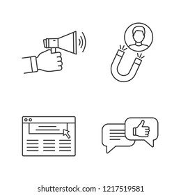 Customer retention and loyalty linear icons set. Advertising campaign, customer attraction, internet marketing, support chat. Thin line contour symbols. Isolated vector illustrations. Editable stroke
