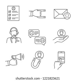 Customer retention and loyalty linear icons set. Client attraction, target mailing, call center, support chat, advertising, pay per click. Isolated vector outline illustrations. Editable stroke