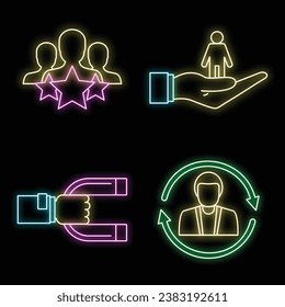 Customer retention management icon set. Outline set of customer retention management vector icons neon color on black