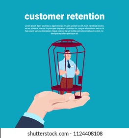 Customer retention manager hand holding a client in locked cage over blue background flat vector illustration
