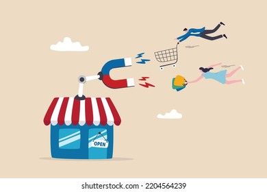 Customer retention, marketing or promotion to draw customer to return and buy more products, drive sale growth or attract new target, engagement concept, store front with magnet to draw customers.