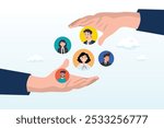 Customer retention, marketing strategy for customer loyalty, employee engagement, recruitment or human resource hiring, consumer care or benefit concept, businessman hand holding customer with care