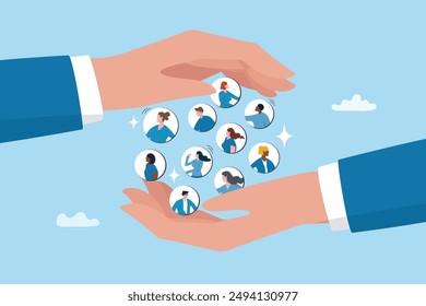 Customer retention, marketing strategy for customer loyalty, employee engagement, recruitment or human resource hiring, consumer care or benefit concept, businessman hand holding customer with care.