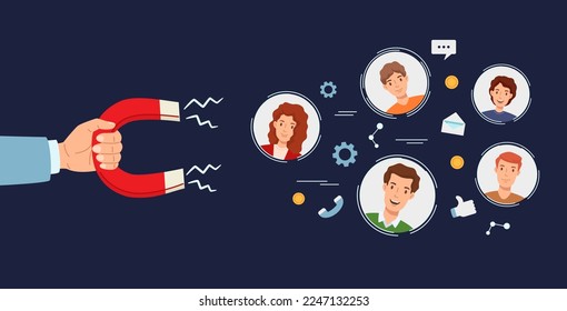 Customer retention. Online traffic magnet, strategy of customers attraction and inbound marketing vector Illustration. Target marketing concept, support service for clients, digital campaign