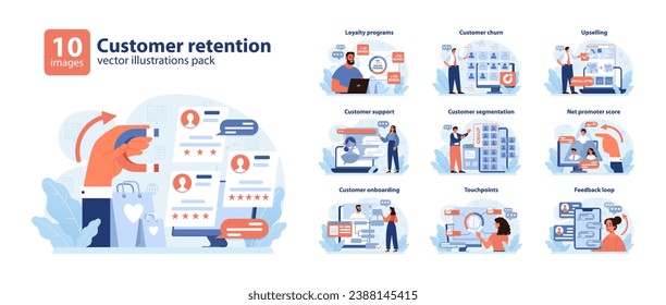 Customer retention set. Comprehensive tactics from loyalty programs to feedback loops. Upselling strategies, NPS analysis, and segmented support. Enhancing brand loyalty. Flat vector illustration. svg