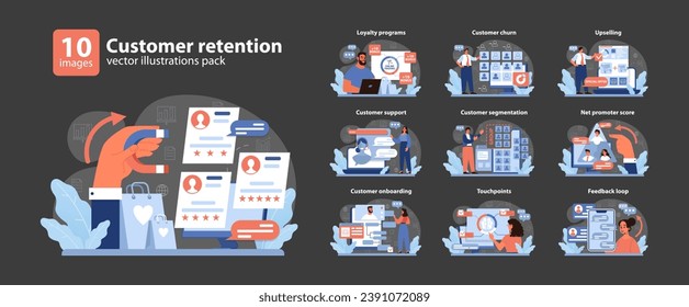 Customer retention set. Comprehensive tactics from loyalty programs to feedback loops. Upselling strategies, NPS analysis, and segmented support. Enhancing brand loyalty. Flat vector illustration.