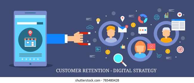 Customer retention strategy, Digital inbound marketing, Customer attraction flat vector banner with icons