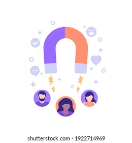 Ilustración vectorial de retención de clientes con imán y personas