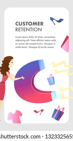 Customer Retention Website Vector Color Template. Customer Attraction. Target ad Strategy. Business Development. Marketing Campaign, Advertising Flat Illustration. Companys Client Service Web Banner