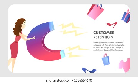 Customer Retention Website Vector Color Template. Business Development. Marketing Campaign, Advertising Illustration. Customer Attraction. Target ad Strategy. Companys Client Service Web Banner