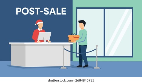 Un Cliente devuelve una compra en el mostrador de postventa de una tienda minorista, interactuando con un miembro del personal.