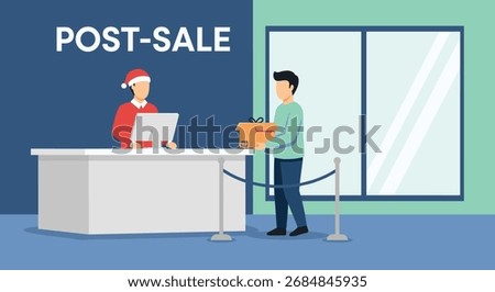A customer returns a purchase at a retail store's post-sale counter, interacting with a staff member.