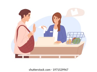 Customer with reusable bag refusing from disposable plastic pack, offered in grocery store. Conscious consumption and shopping concept. Colored flat vector illustration isolated on white background