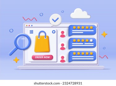 Customer review 3D icon concept. Graphic element for website. Feedback and reviews on goods and services. Ranking and rating on Internet. Laptop with stars. Isometric vector illustration