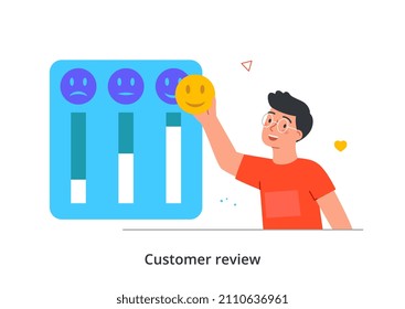 Customer review abstract concept. Young man with glasses holds emojis and gives feedback. Male character evaluates work of site or quality of service. Cartoon contemporary flat vector illustration