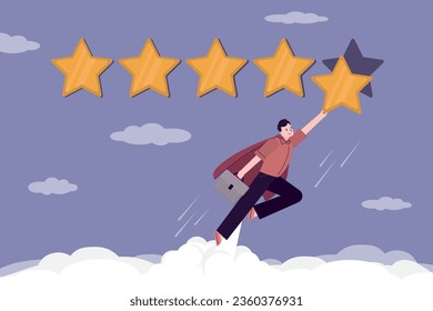 Customer review, banner. Businessman or client looking like super hero flying with star. 5 stars rating, high quality concept. Online survey, feedback. Testimonials, voting. flat vector illustration