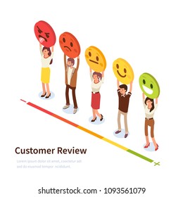 Customer review banner with characters. Can use for web banner, infographics, hero images. Flat isometric vector illustration isolated on white background.