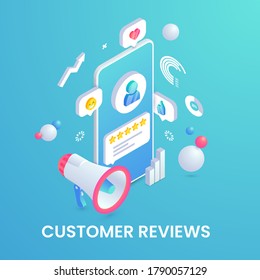 Customer review banner. Feedback trendy isometric 3d concept. User icon and product positive comment on smartphone screen, loudspeacker and graphs. Digital marketing vector illustration.