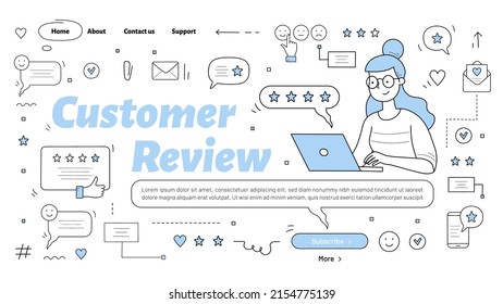 Customer review banner with girl puts feedback or write comment on laptop. Vector landing page of service rating, quality assessment with doodle illustration of woman client, stars and messages